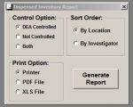 A Dispensed Inventory Report is a list of all drugs dispensed out of the program.  The report can be filtered for DEA controlled, non-controlled, or all dispensed drugs.  The printed report can be sorted by investigator or location.